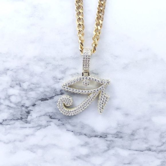 18" Cuban Chain & Gold Finish Eye of Horos Pendant - Picture 9 of 11